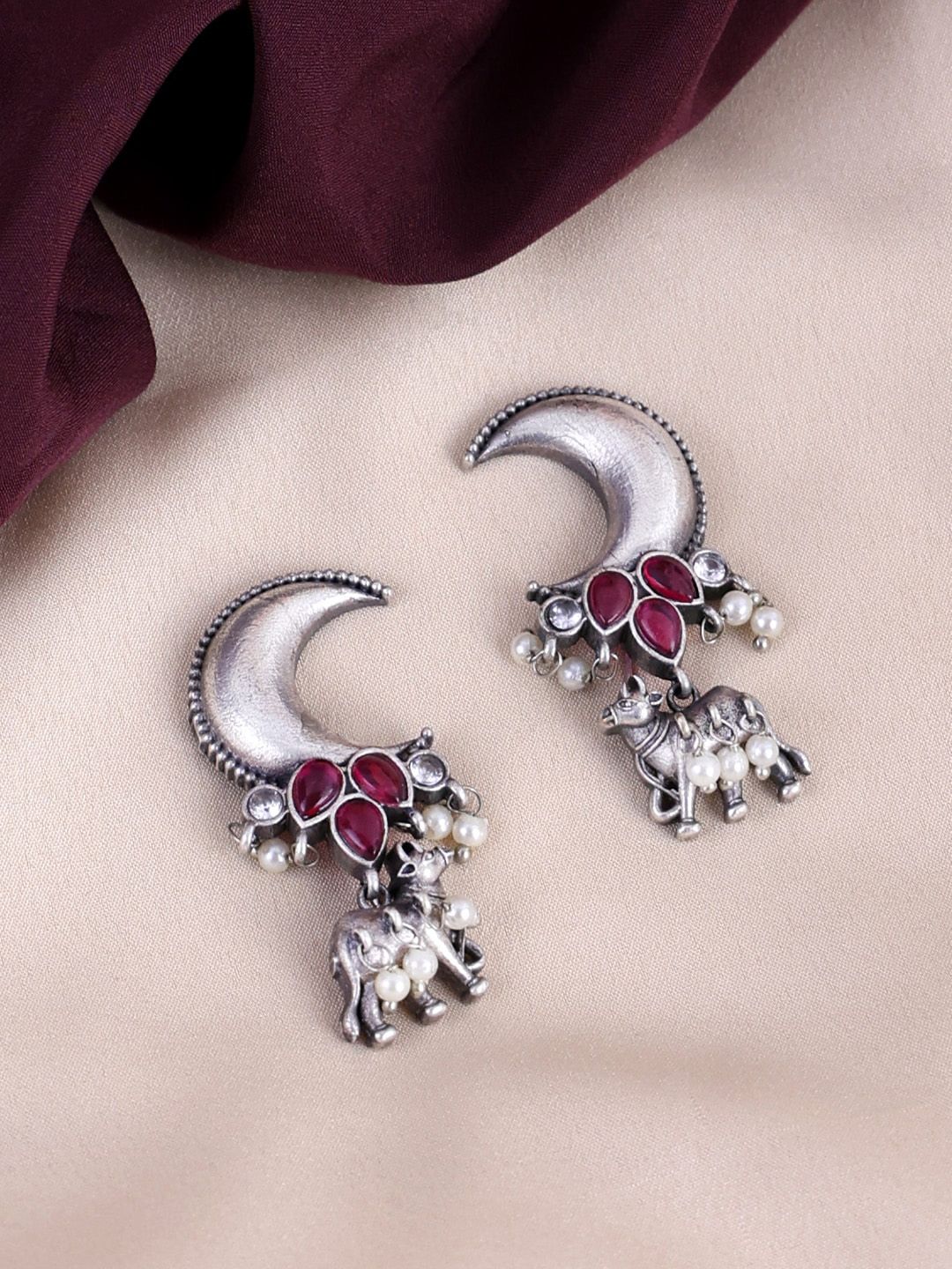PANASH Silver-Plated Stones Studded & Beads Beaded Drop Earrings