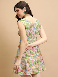 Tokyo Talkies Pink & Green Floral Printed A-Line Mini Dress