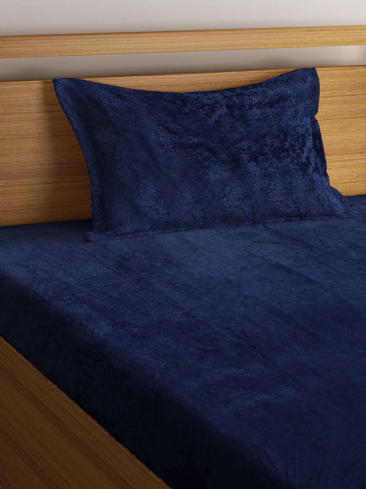 KLOTTHE Blue Woolen 300 TC Single Bedsheet With 1 Pillow Cover