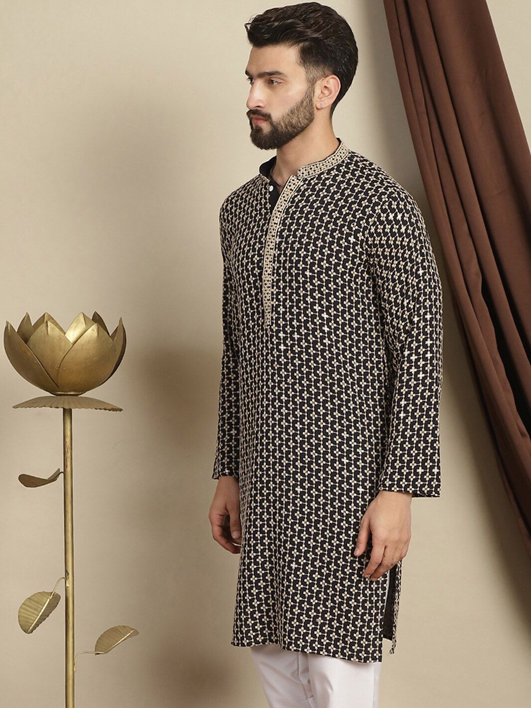 Anouk Geometric Printed Kolar Mandarin Lengan Panjang Kapas Kurta Labuci