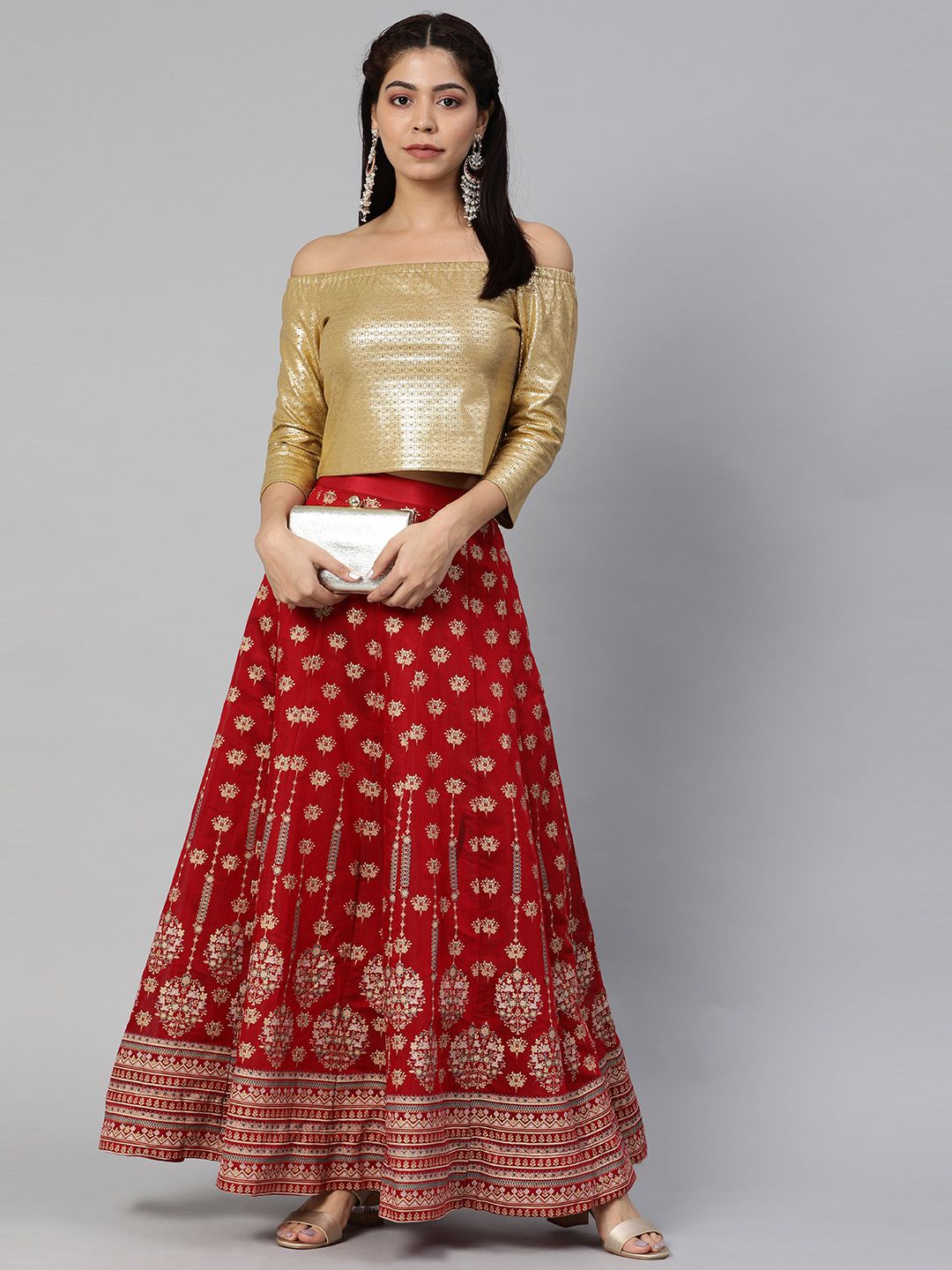 Global Desi Women Beige & Gold-Toned Printed Cropped Bardot Top