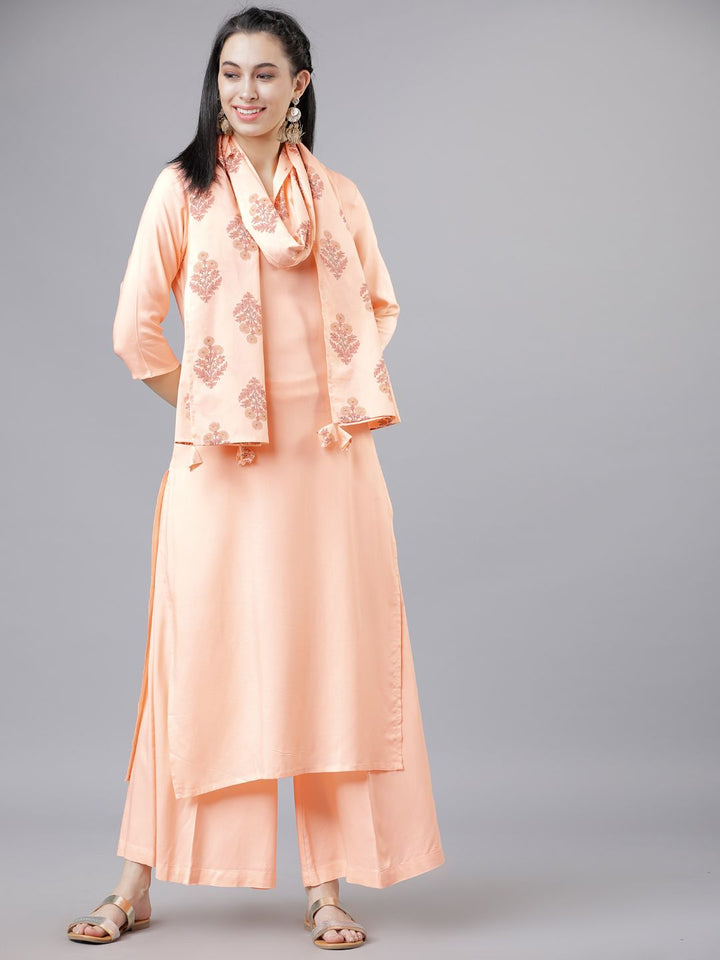 Vishudh Women Peach-Coloured & Gold-Toned Solid Kurta with Palazzos & Dupatta