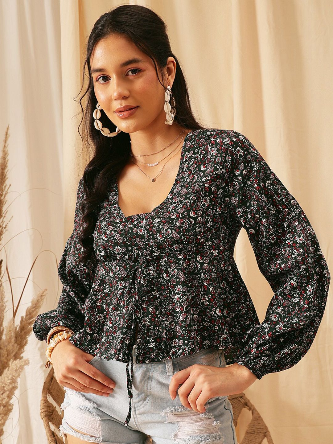 Quiero Green Floral Printed V Neck Crepe Top