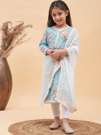 VASTRAMAY Girls Floral Printed Mirror Work Kurta with Leggings & Dupatta