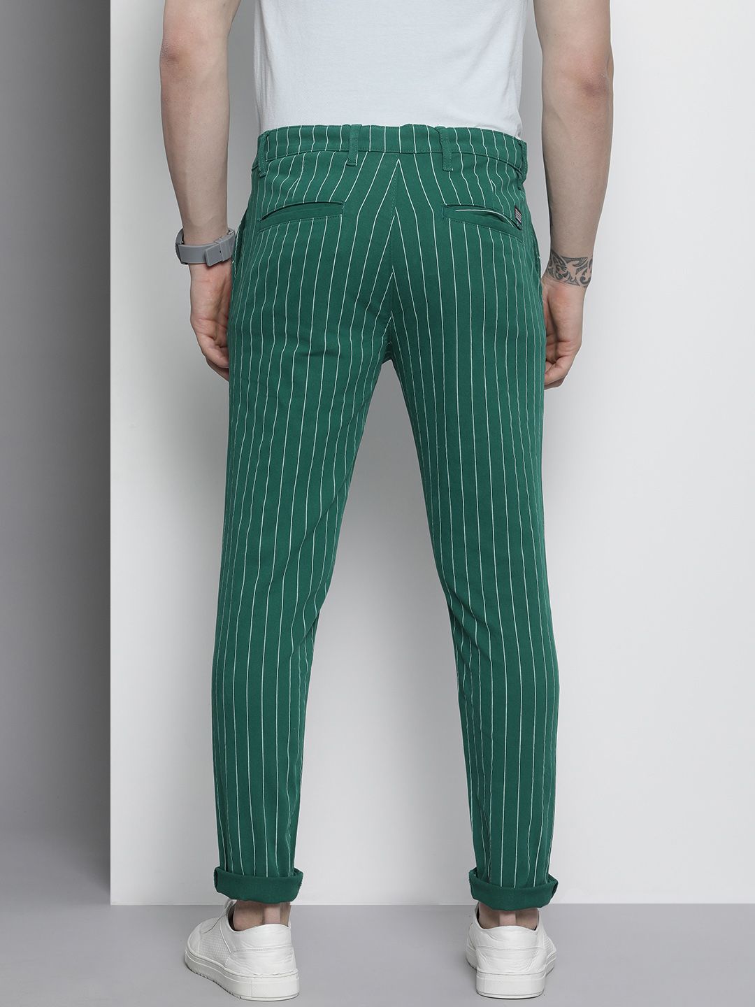 The Indian Garage Co Men Green Striped Slim Fit Chinos