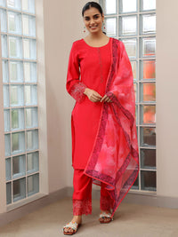 Libas Yoke Design Thread Work Straight Kurta with Trousers & Dupatta