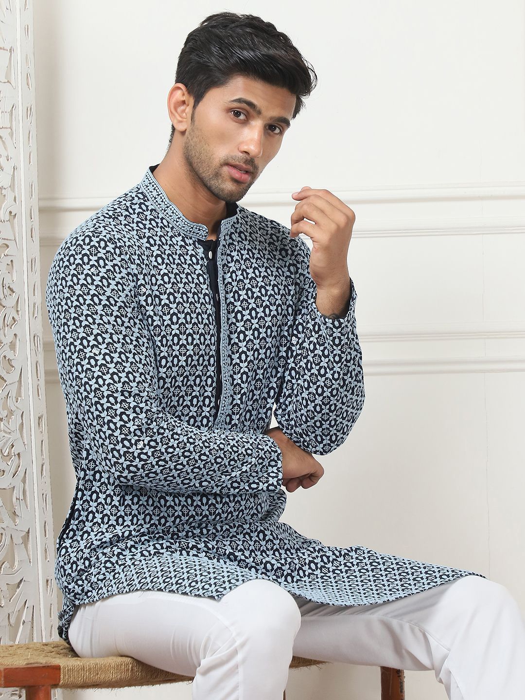 Anouk Blue Floral Embroidered Sequinned Mandarin Collar Regular Kurta with Pyjamas