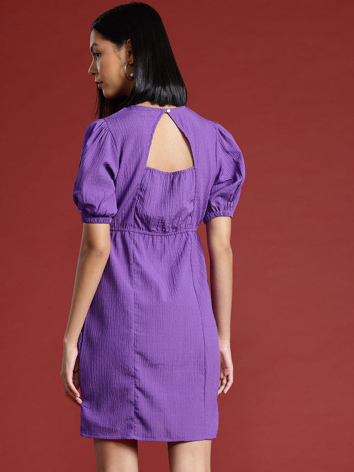 all about you Crinkled Cut-Out Back Puff Sleeve A-Line Dress