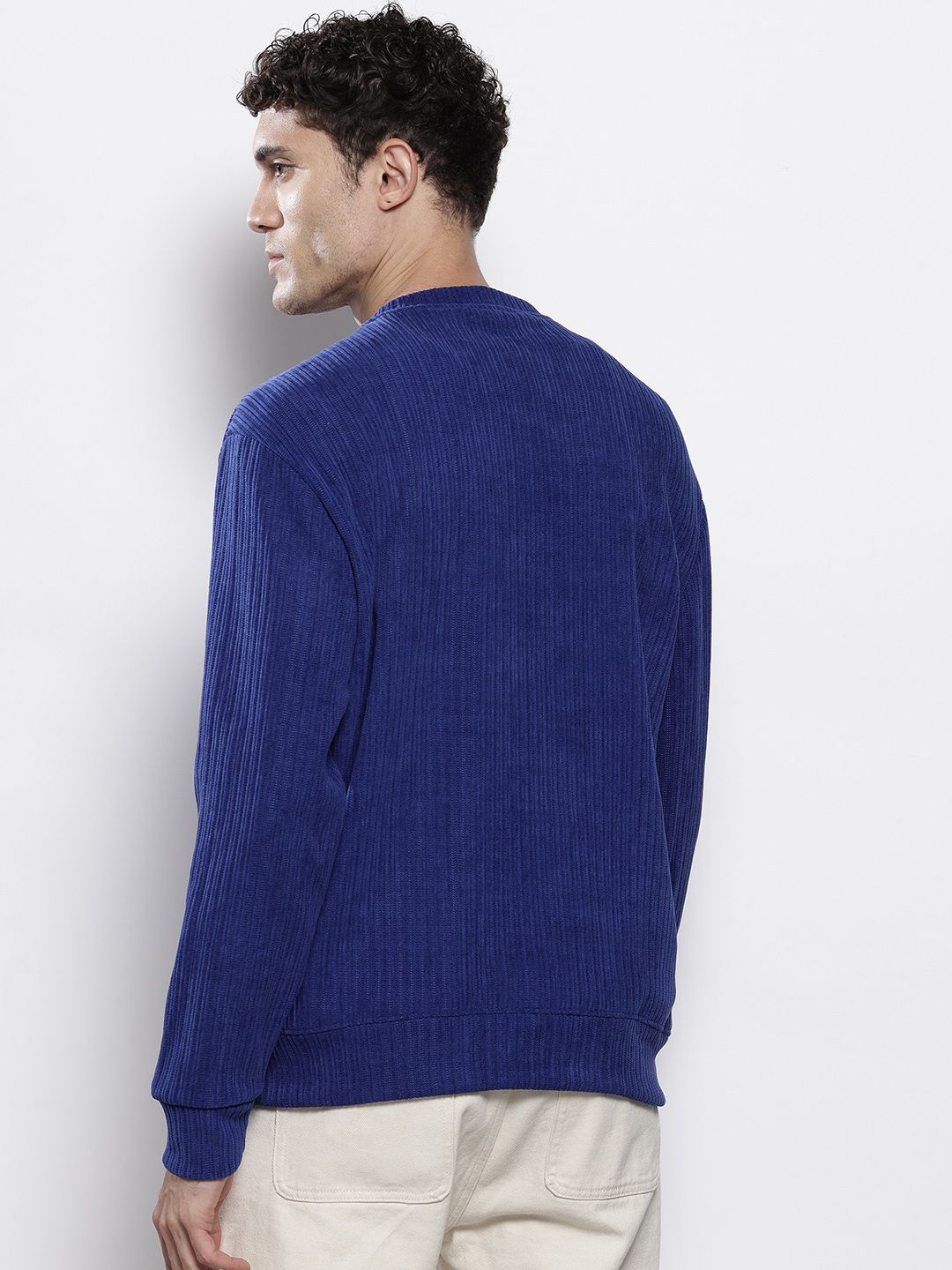 The Indian Garage Co Self Design Henley Neck Drop-Shoulder Sleeves Corduroy Sweatshirt
