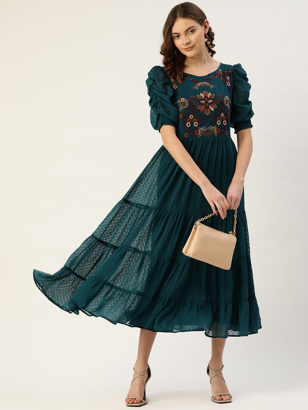 Antheaa Teal Green & Brown Floral Dobby Woven Embellished Maxi Tiered Dress