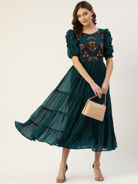 Antheaa Teal Green & Brown Floral Dobby Woven Embellished Maxi Tiered Dress