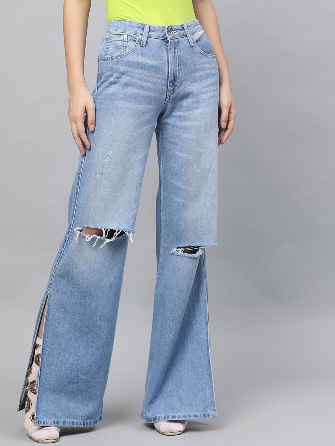 STREET 9 Women Blue Flared Mid-Rise Slash Knee Stretchable Jeans
