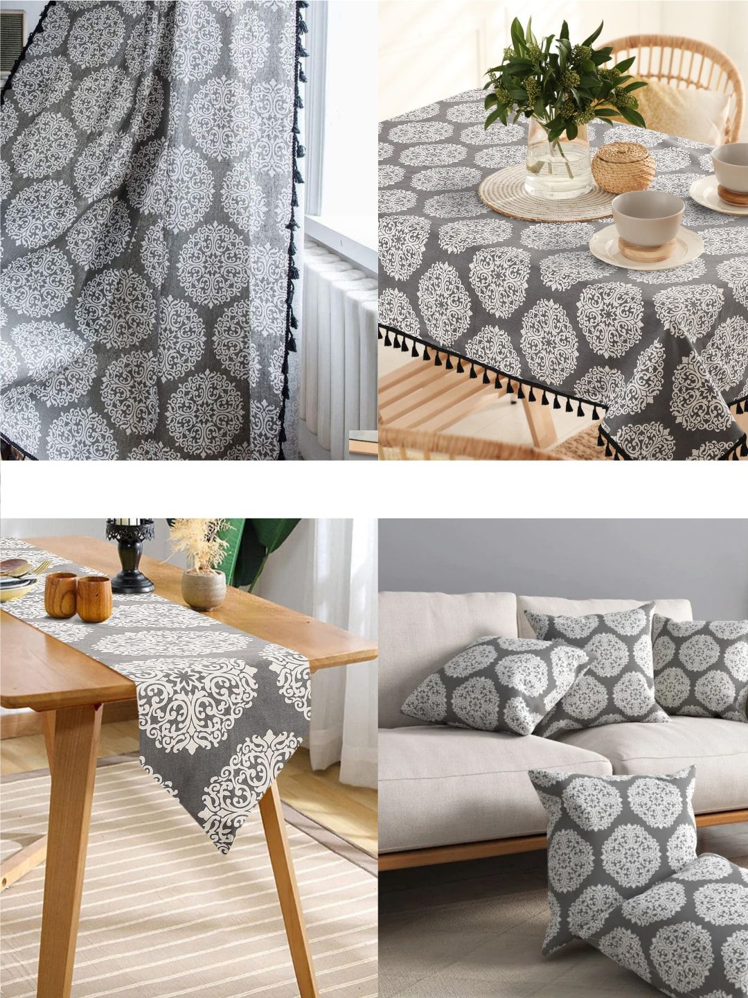 URBAN SPACE Grey & White Ethnic Motifs Printed Pure Cotton 4-Seater Table Cover