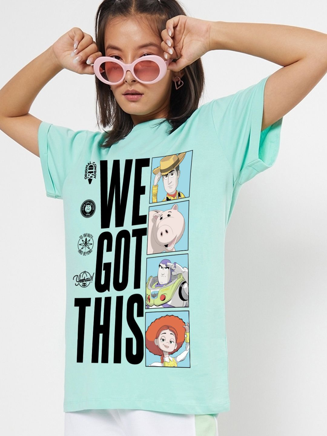 Bewakoof Women Typography Printed Round Neck Pure Cotton Oversized Toy Story T-shirt