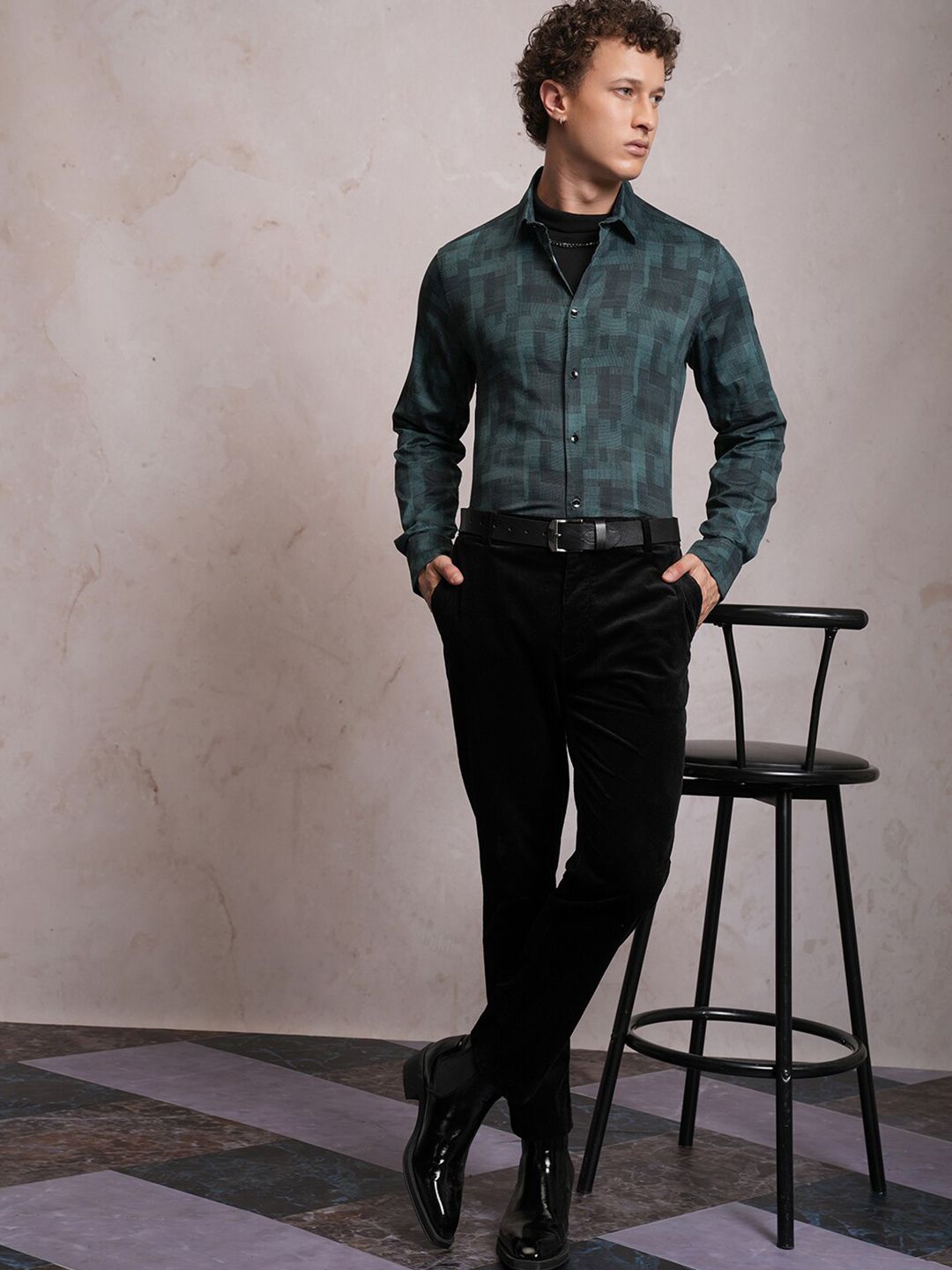 LOCOMOTIVE Luxe Slim Fit Geometric Printed Satin Party Shirt