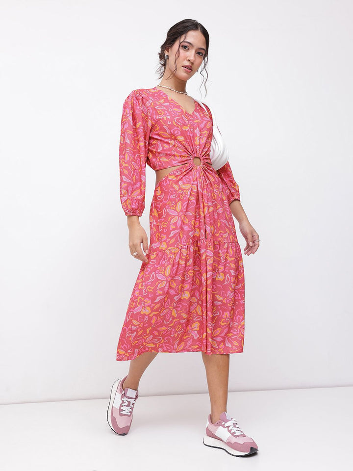 DressBerry Boho-Chic V-Neck Floral Print Cut-Out A-line Midi Dress