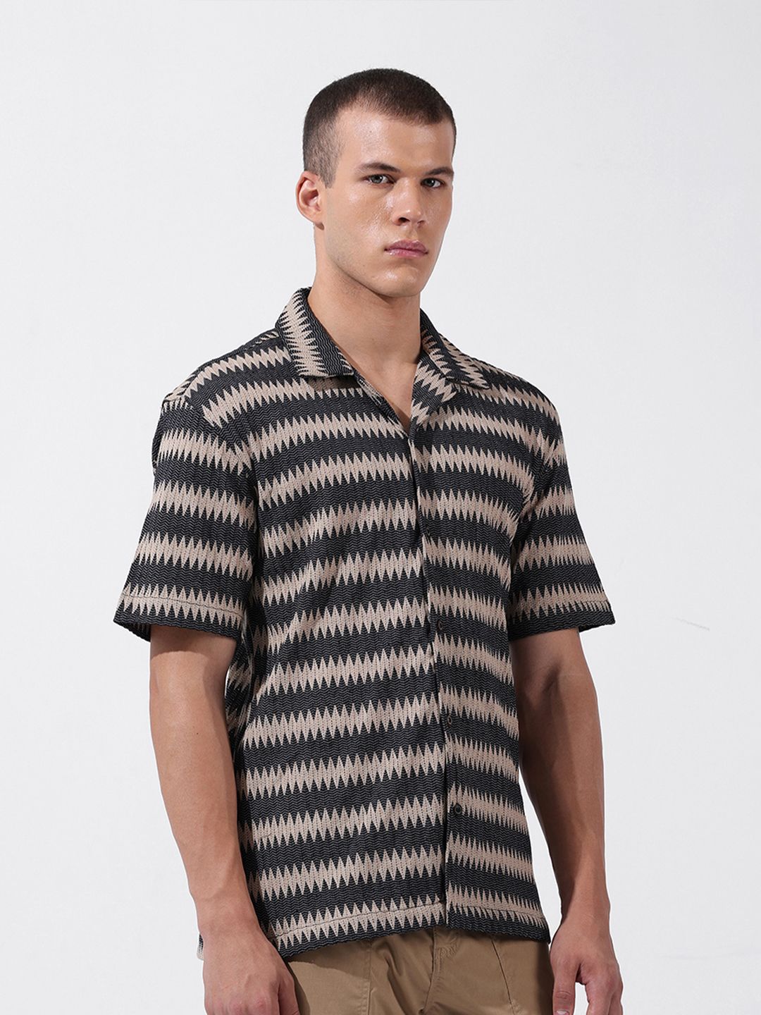 The Indian Garage Co Men Relaxed Fit Textured Crochet Knit Resort Wear Shirt