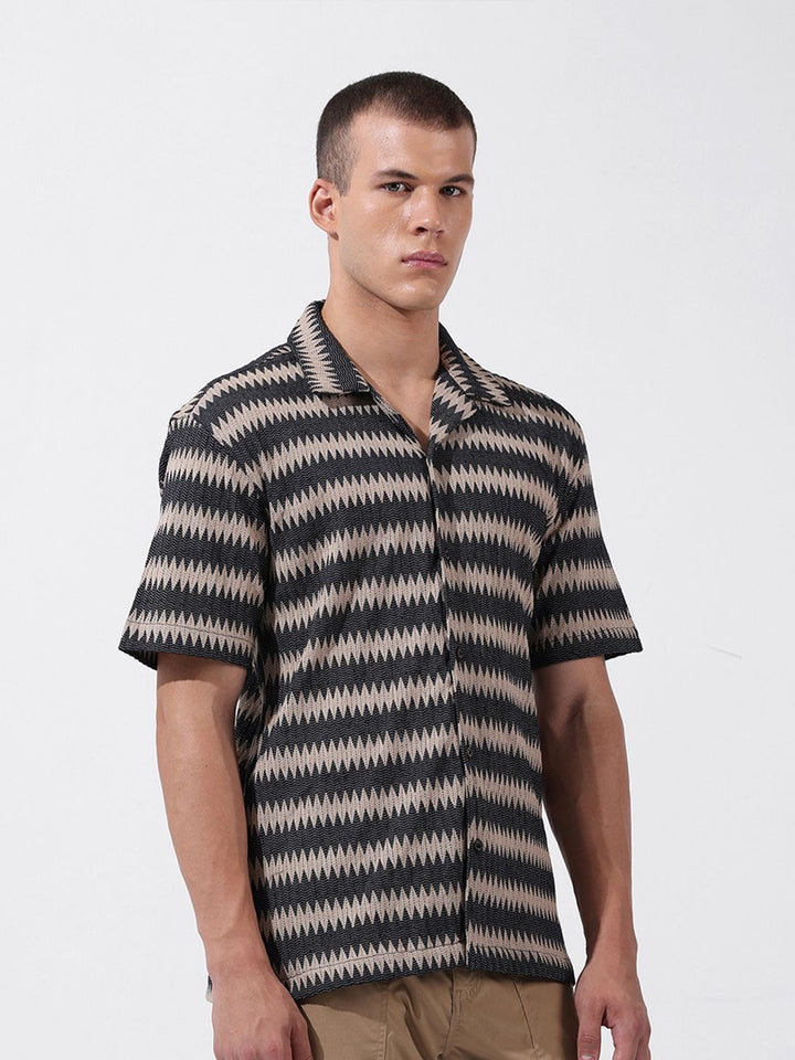 The Indian Garage Co Men Relaxed Fit Textured Crochet Knit Resort Wear Shirt