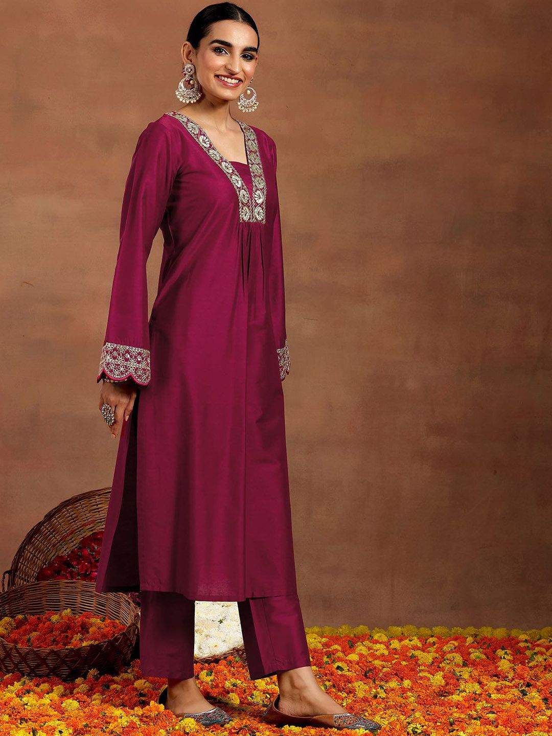 Gerua By Libas Women Floral Yoke Design Pleated Kurta with Trousers