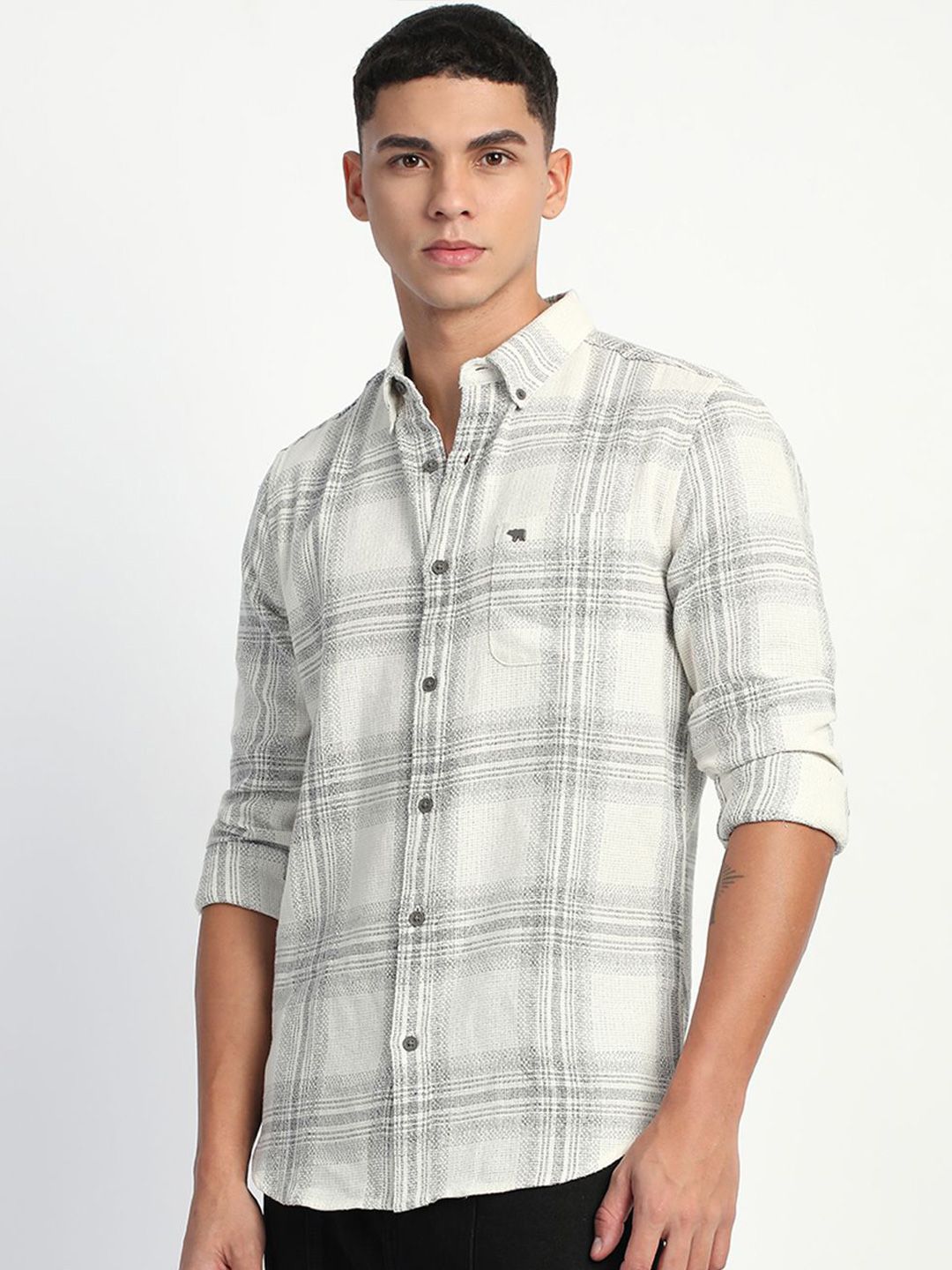 THE BEAR HOUSE Men Slim Fit Tartan Checks Button-Down Collar Opaque Casual Shirt