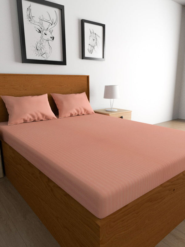 TEAL BY CHUMBAK Peach-Coloured Striped Satin 210 TC Queen Bedsheet With 2 Pillow Covers