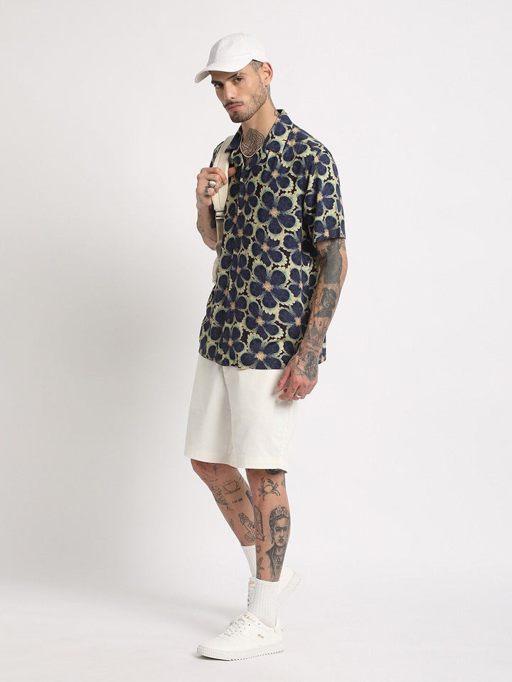 THE BEAR HOUSE Regular Fit Floral Printed Cuban Collar Casual Shirt