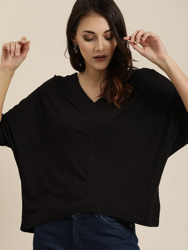 all about you Women Black Solid V-Neck T-shirt