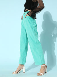 SASSAFRAS Women Green Straight Fit High-Rise Corduroy Chinos Trousers