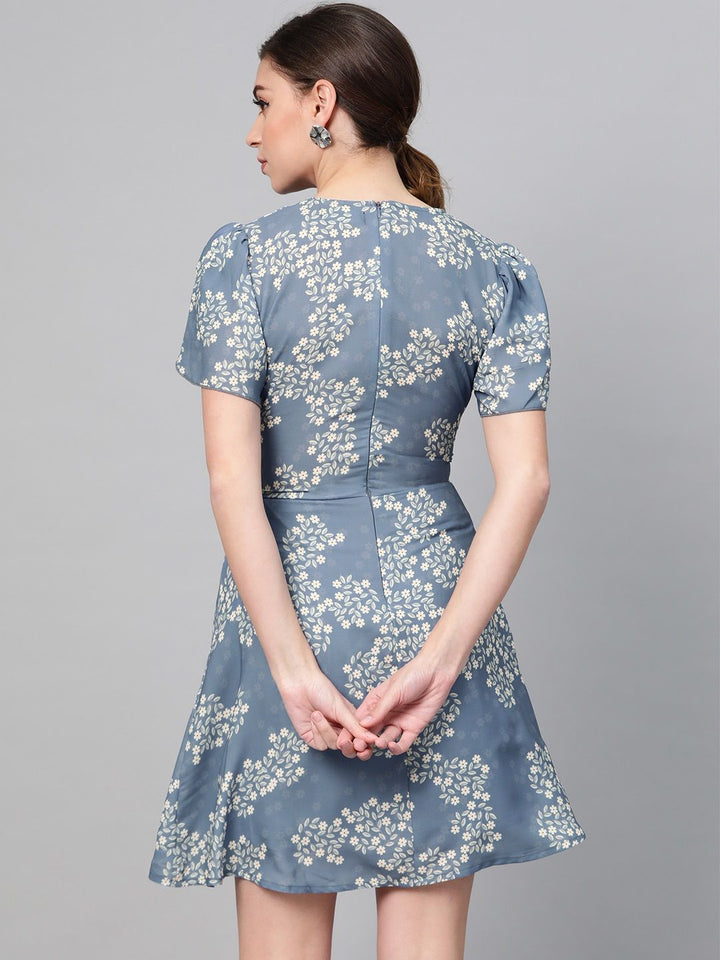 SASSAFRAS Blue & Off-White Floral Print Empire Dress