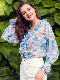 STREET 9 Blue Floral Printed Bell Sleeve Ruffles Top
