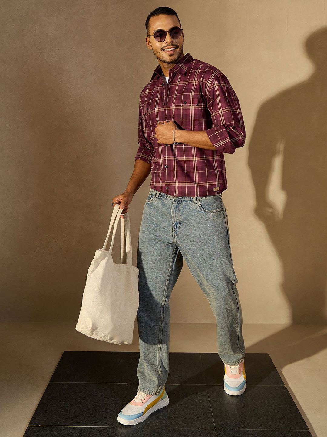 DENNISON Men Tartan Checked Drop Shoulder Oversized Shirt