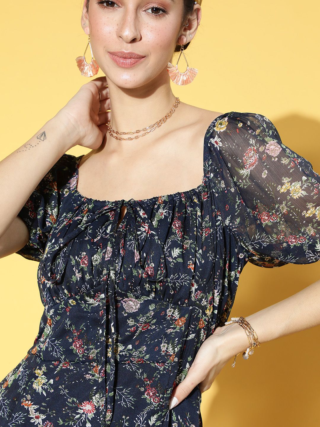 Athena Women Deep Navy Blue Floral Volume Play Dress