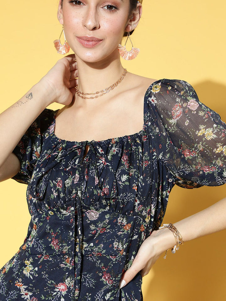 Athena Women Deep Navy Blue Floral Volume Play Dress