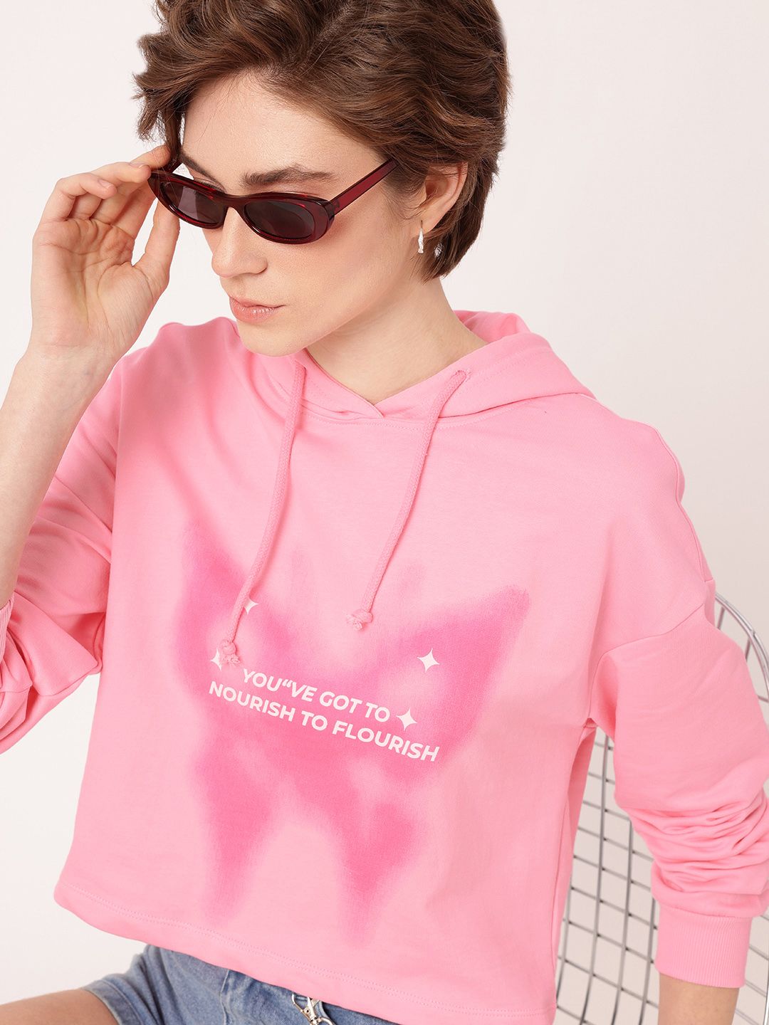 DressBerry Printed Hooded Cotton Terry Relaxed Fit Sweatshirt