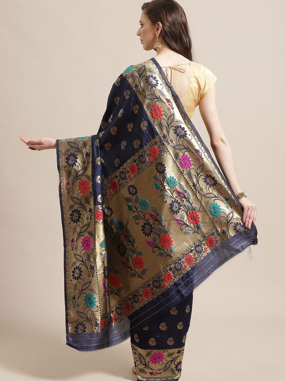 Saree mall Navy Blue & Gold-Toned Woven Design Silk Blend Banarasi Sarees
