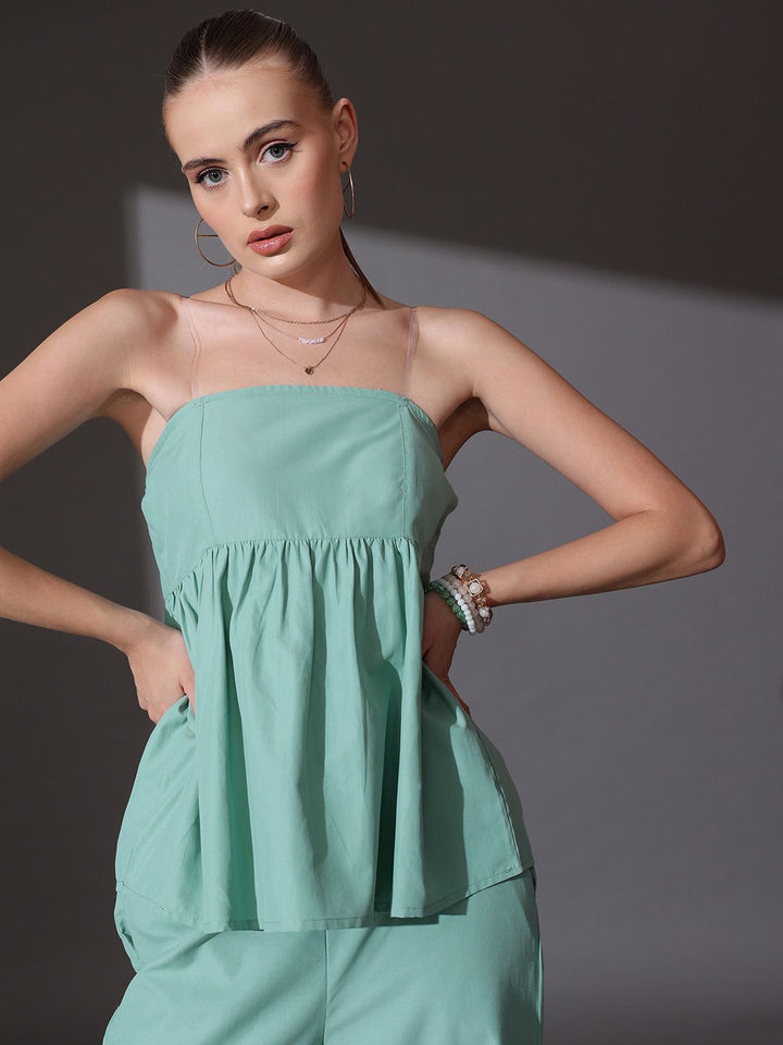 STREET 9 Solid Off Shoulder Top With Flared Trousers Co-Ords