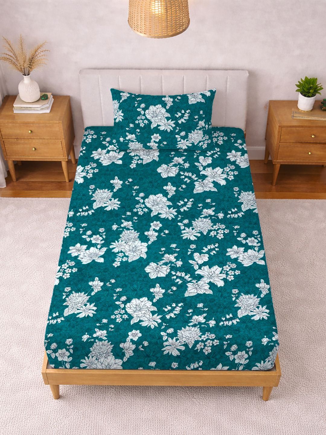 KLOTTHE Green Floral Printed 300 TC Single  Bedsheets
