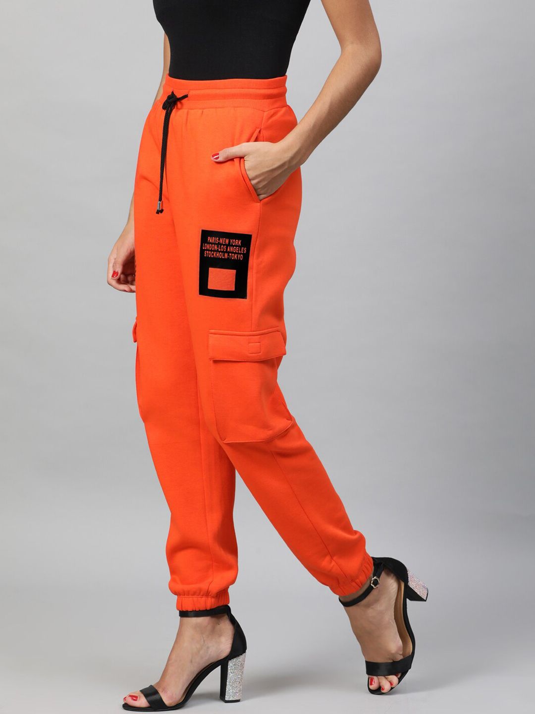 STREET 9 Women Orange & Black Regular Fit Printed Cargos