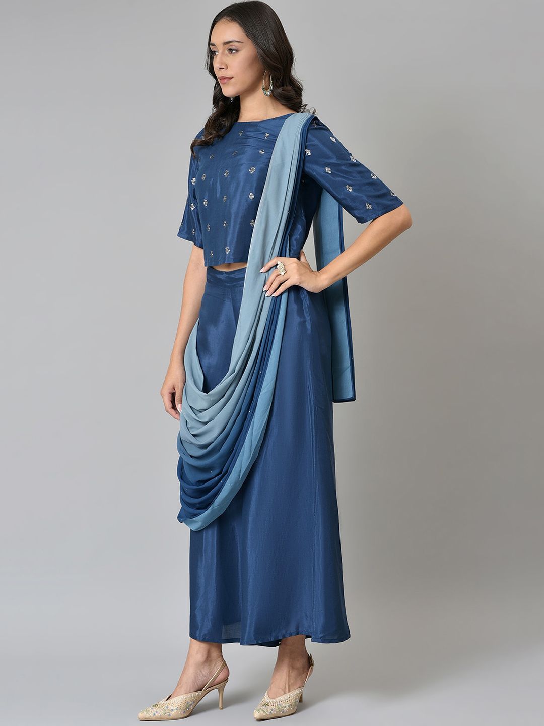 W Women Ethnic Motifs Embroidered Top with Palazzos With Attached Dupatta