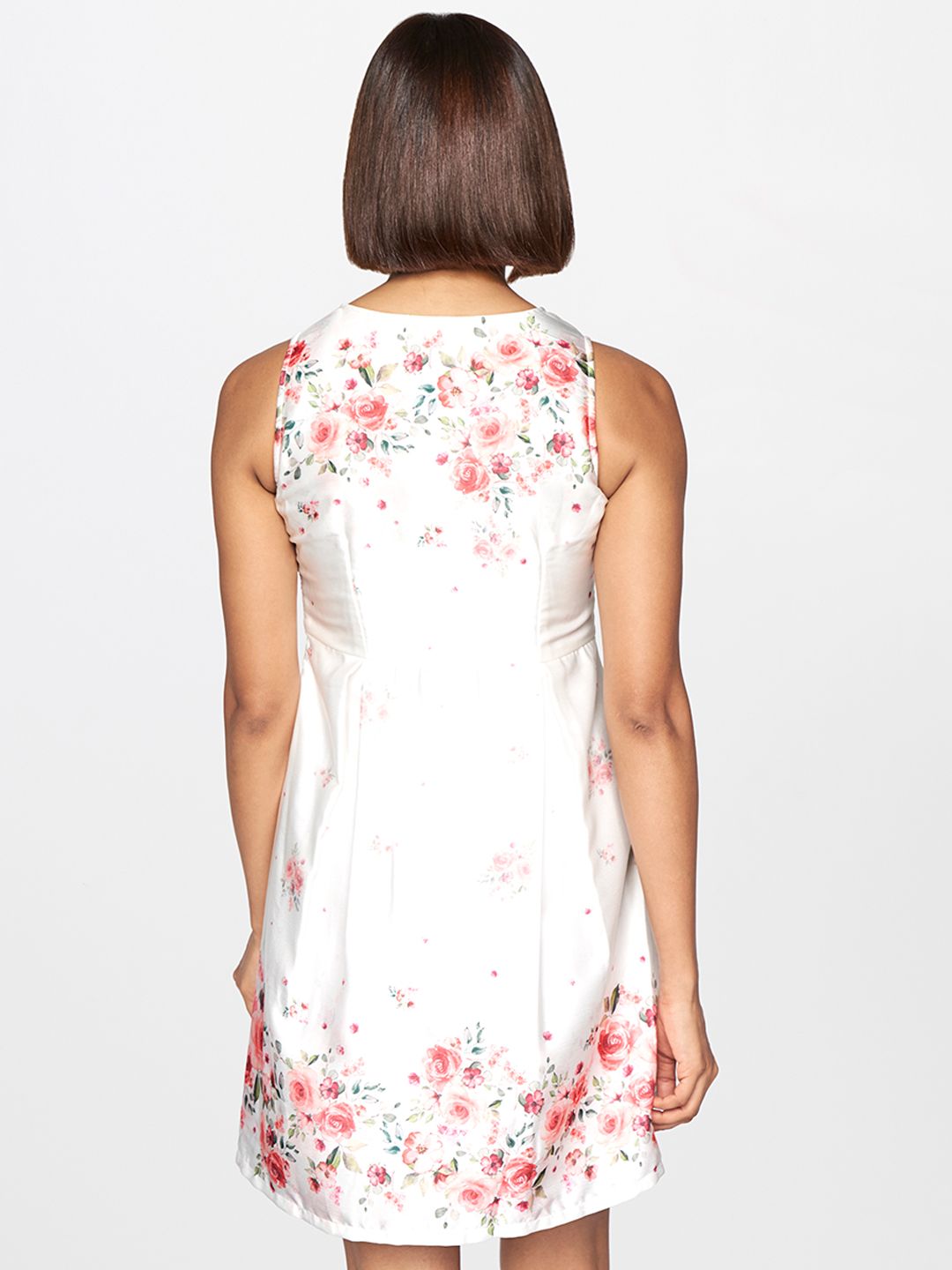 AND Women White & Red Floral Printed V-Neck Fit And Flare Dress