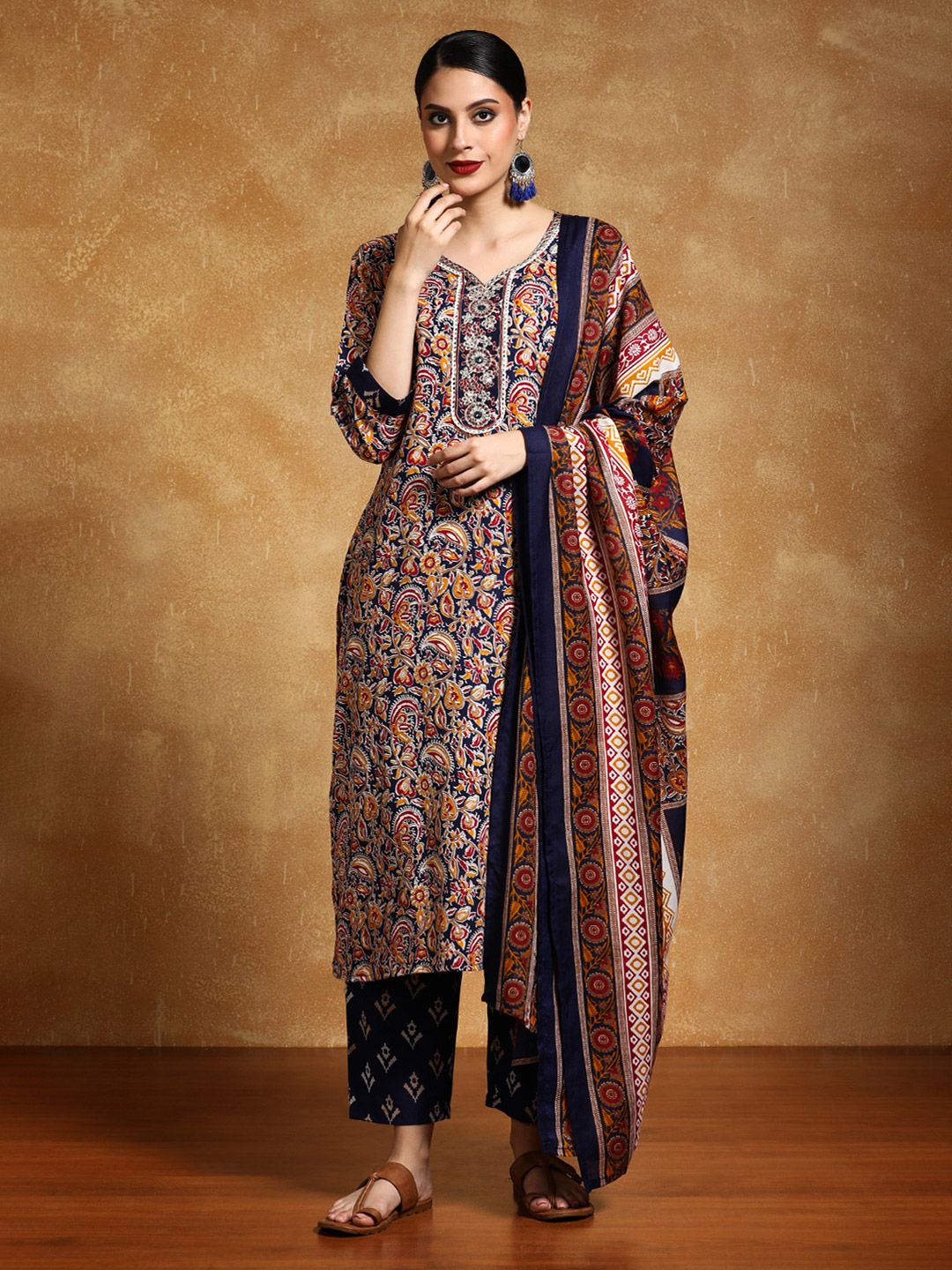 Varanga Floral Printed V-Neck Straight Kurta With Trousers And Dupatta