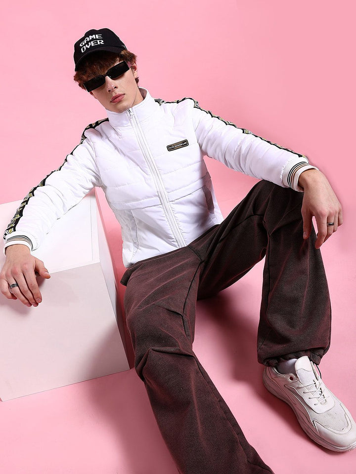 The Indian Garage Co Men White Colourblocked Longline Outdoor Sporty Jacket with Embroidered