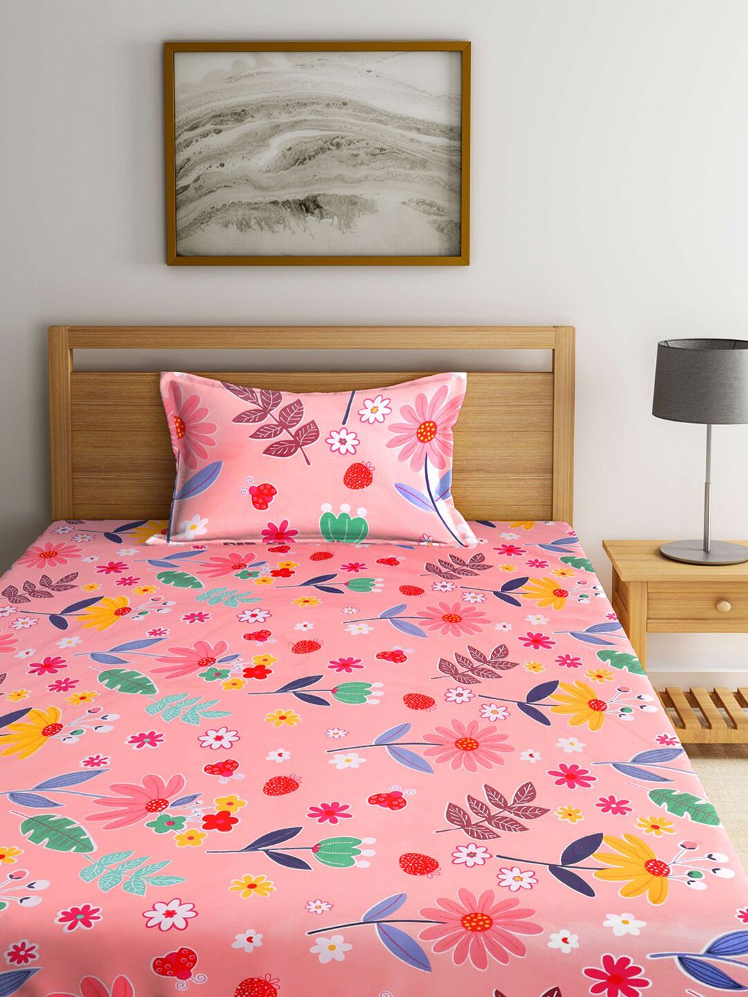 KLOTTHE Pink & Grey Geometric 300 TC 2 Single Bedsheet with 2 Pillow Covers