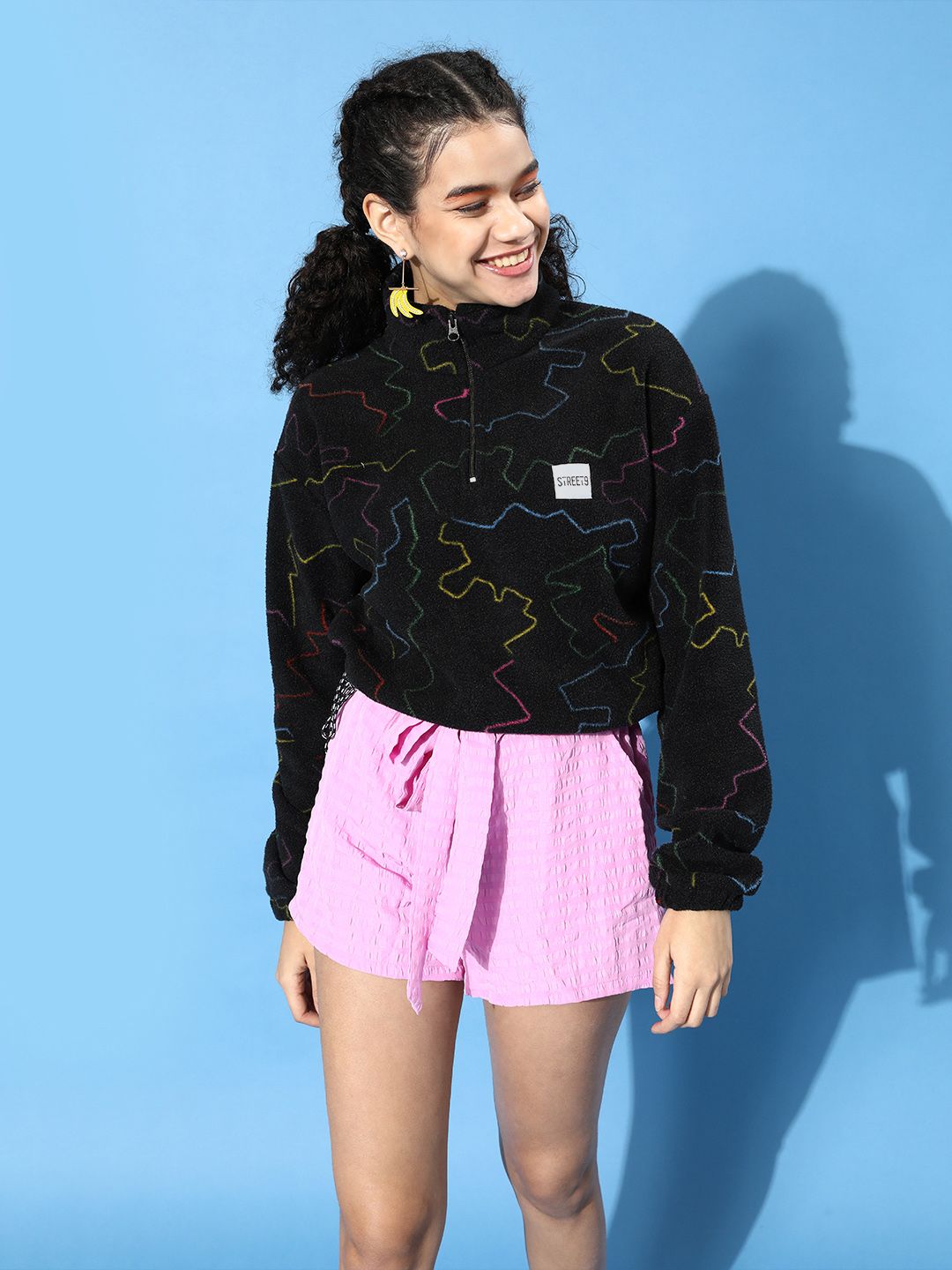 STREET 9 Women Black Abstract Quirky Outerwear Sweatshirt