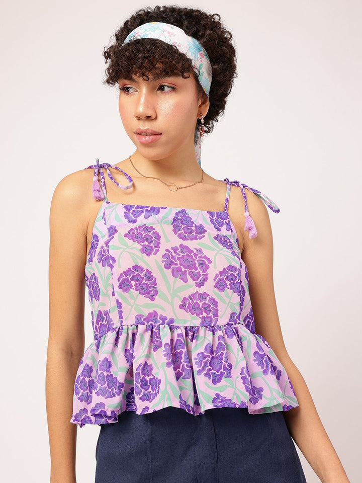 DressBerry Blossom-Brigade Floral Printed Shoulder Straps Peplum Top