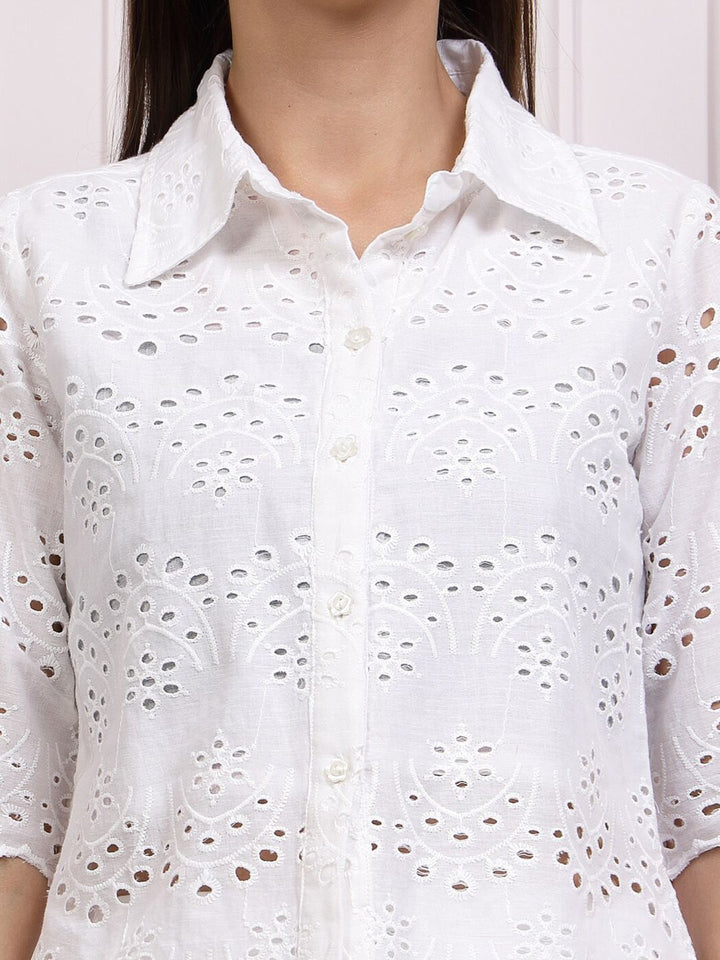 Athena Self Design Shirt Collar Schiffli Cotton Shirt Style Top