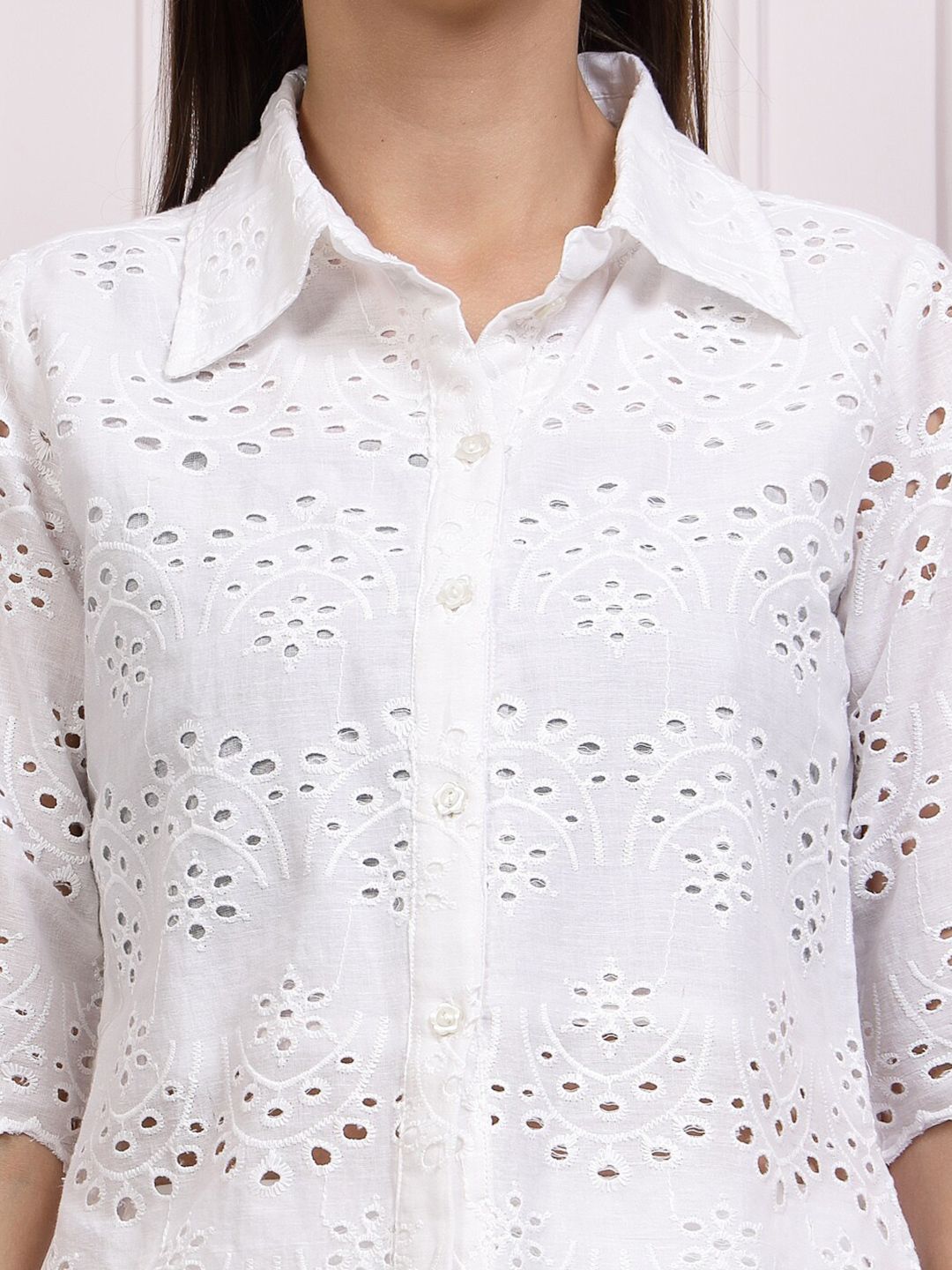Athena Self Design Shirt Collar Schiffli Cotton Shirt Style Top
