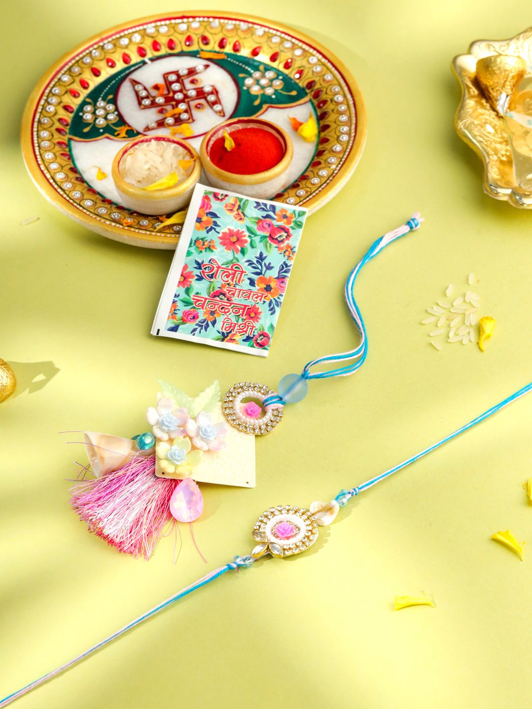 NVR Set of 2 Artificial Stones & Beads Floral Design Bhaiya Bhabhi Rakhi with Roli Chawal