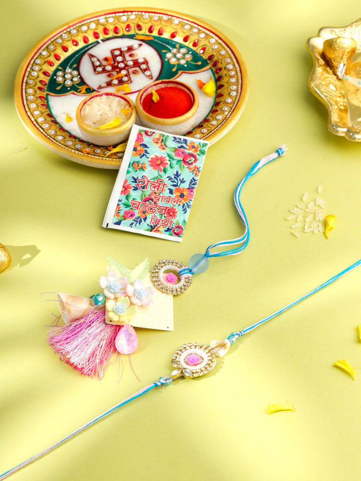 NVR Set of 2 Artificial Stones & Beads Floral Design Bhaiya Bhabhi Rakhi with Roli Chawal