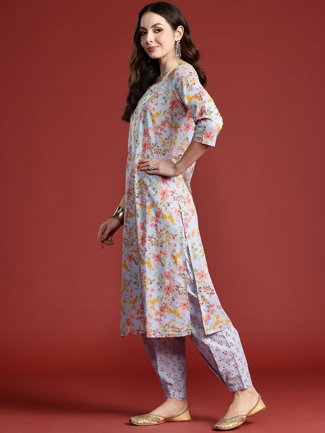 Indo Era Floral Printed Pure Cotton Kurta with Salwar & With Dupatta